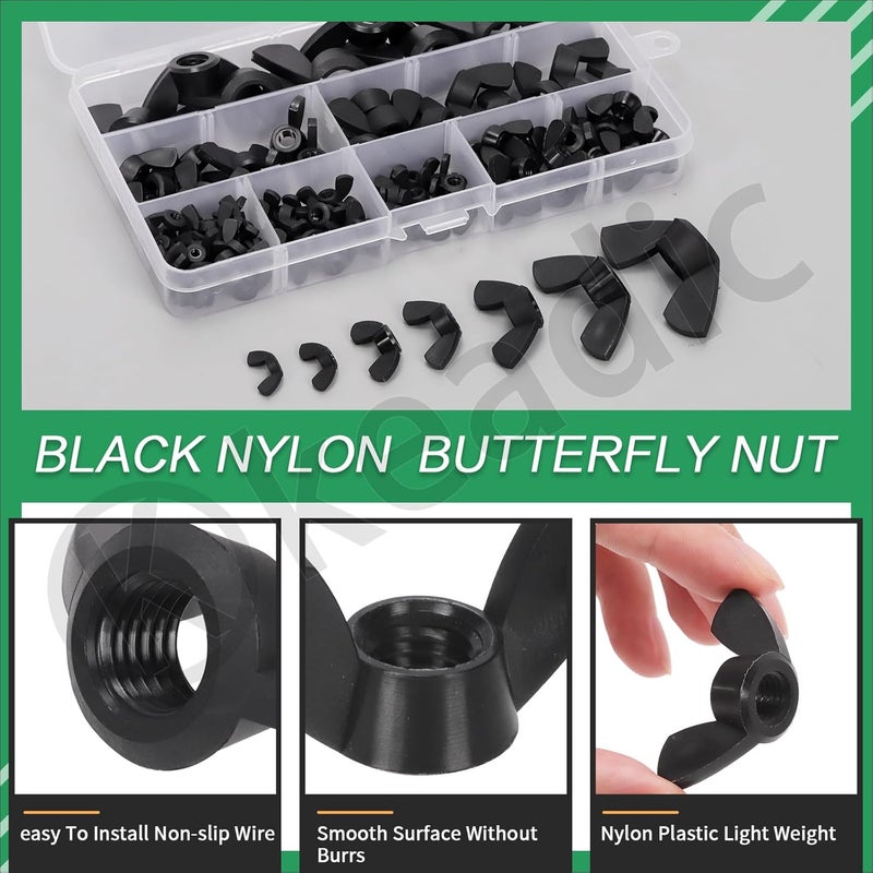 Keadic 110Pcs Nylon Metric Wing Nuts Assortment Set, M3 M4 M5 M6 M8 M10 M12 Hand Twist Tighten Ear Butterfly Nut Wingnuts for Home Building Industry (Black) - Image 3